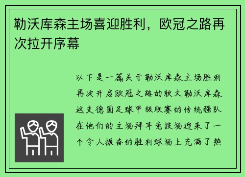 勒沃库森主场喜迎胜利，欧冠之路再次拉开序幕